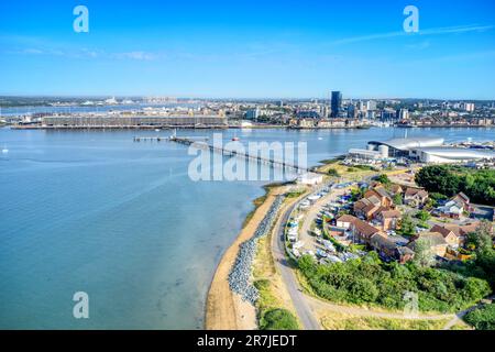 Woolston and Southampton Cityscape with view of Weston Shore Promenade Aerial photo. Stock Photo