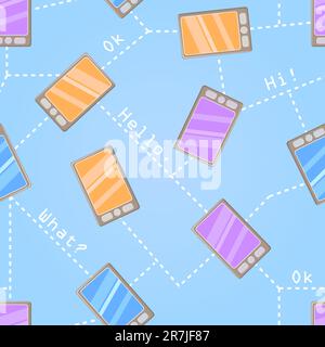 Seamless Pattern With Colorful Cartoon Cell Phones on Light Blue Background Stock Vector