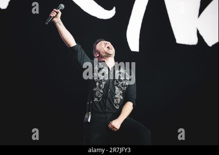 TURIN, ITALY, STADIO OLIMPICO: The Italian singer, songwriter, producer and author Tiziano Ferro performing live on stage at the Stadio Olimpico Grande Torino for his first italian “TZN23” tour concert. Stock Photo