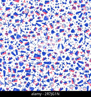 blue pink travel seamless pattern on white background Stock Vector
