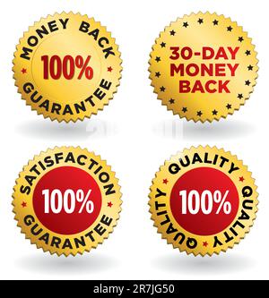 Vector illustration of four stylish labels / seals / signs in gold and red for retail: 100% Money Back Guarantee, 30-Day Money Back, 100% Satisfact... Stock Vector