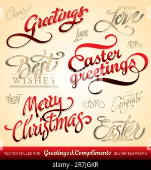 Set of seasonal & holiday greetings & compliments, calligraphy/ hand ...
