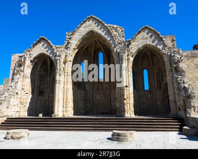 Front view at Ruins of the choir of the gothic church of the Virgin of the Burgh. Medieval city of Rhodes, Greece Stock Photo