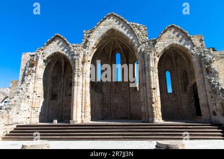 Front view at Ruins of the choir of the gothic church of the Virgin of the Burgh. Medieval city of Rhodes, Greece Stock Photo