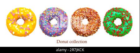 Assorted donuts with colorful icing. Isolated on white background. Stock Photo