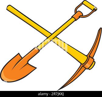 Crossed yellow and orange pickaxe and shovel icon on white background. Stock Vector