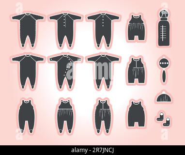 Baby clothes, bottle, toy, hat set Stock Vector