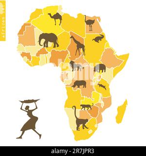African set with map and animals Stock Vector