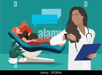 Pregnant woman visits her doctor, she is smiling and happy as everything is okay. Vector illustration Stock Vector