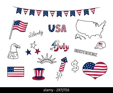 USA doodles set. United States of America vector design elements isolated on white background. Collection of US national symbols. Independence Day. Am Stock Vector