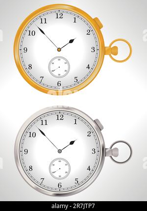 Illustration of traditional antique pocket watches, isolated and in two colors - silver and gold Stock Vector