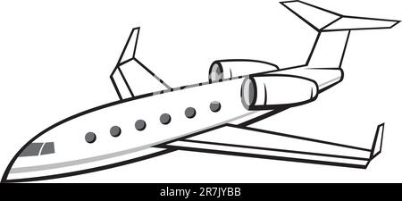 Illustration of a flying business jet isolated on white background. Side view from above. Stock Vector