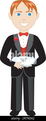 Vector of boy with rings and pillow. Ring Bearer Stock Vector