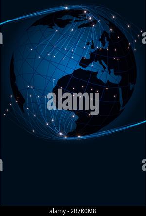 Abstract Background - Optical Fibers and Globe on Dark Blue Background Stock Vector