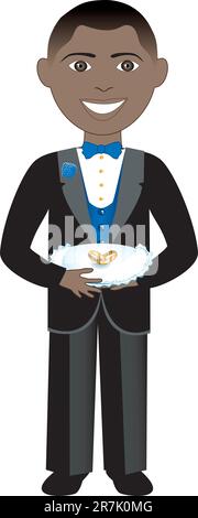 Vector of boy with rings and pillow. Ring Bearer 2. Stock Vector