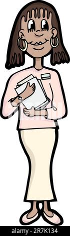 Cute cartoon female office worker hold stack of papers Stock Vector