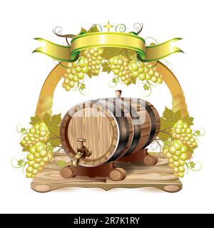 Wine barrel with white grapes Stock Vector