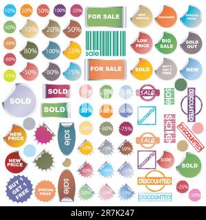Set of colored promotional elements, stickers and stamps Stock Vector
