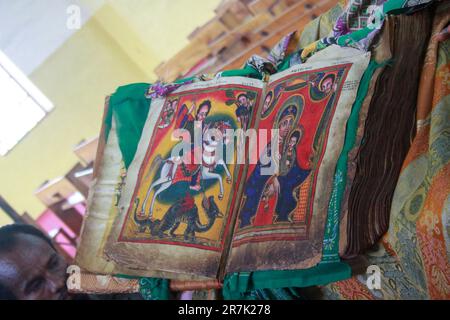 Africa, Ethiopia, Axum, The Church of Our Lady Mary of Zion said to houses the Biblical Ark of the Covenant 100 year old Manuscript known as 'The Mira Stock Photo