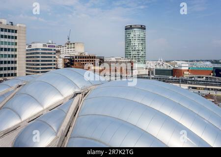 Birmingham, UK. The roof of the Grand Central shopping centre (above New Street Station) made from ETFE. The Rotunda building is in the background Stock Photo