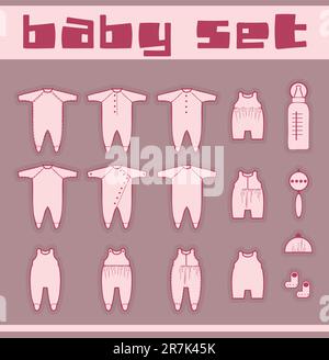 Baby clothes, bottle, toy, hat set Stock Vector