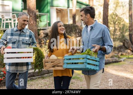 Friends carrying crates with freshly harvested organic vegetables at farm Stock Photo