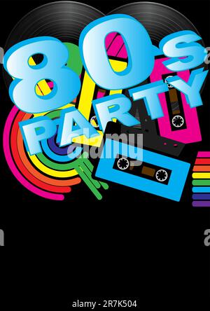 Abstract Background - Vintage Vinyl Records, Audio Tapes and 80s Party Sign Stock Vector