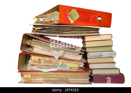 messy file folders,red tape, bureaucracy,aministration,business concept.Isolated on white background. Stock Photo