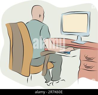 An image of a businessman working at a computer line drawing. Stock Vector
