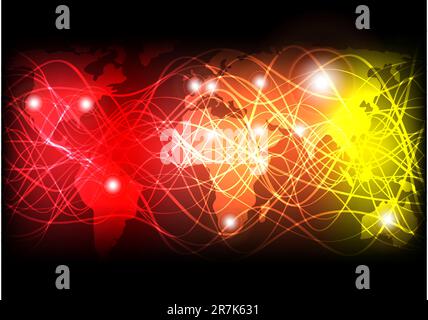 Background - Glowing Optical Fibers and World Map on Red and Yellow Background Stock Vector
