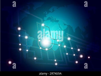 Background - Glowing Optical Fibers and World Map on Blue Background Stock Vector