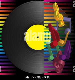 Music Party Background - Vintage Vinyl and Notes on Multicolor Streaky Background Stock Vector