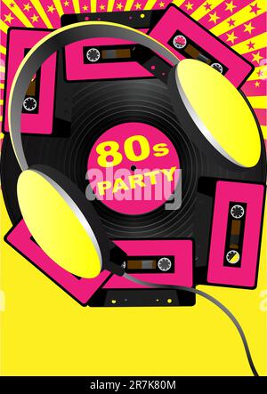 Retro Party Background - Audio Casette Tapes and Headphones Stock Vector