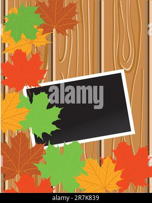 Vector illustration of wooden background with blank photo and leaves Stock Vector