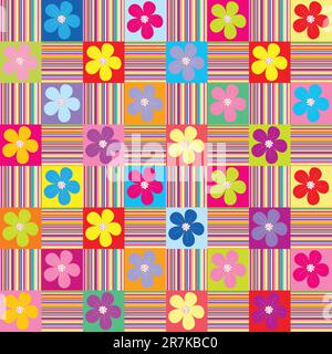 Pattern with colored flowers and stripes Stock Vector