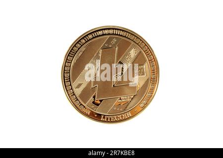 A closeup of a Litecoin digital cryptocurrency isolated on white background Stock Photo