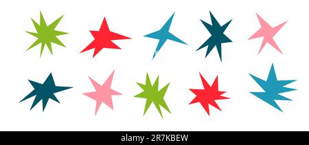 Colorful sharp shapes collection. Bright irregular sparks and twinkles set. Abstract edgy sparkle and stars elements pack. Asymmetry angular forms bundle for banner, collage, poster, sticker. Vector  Stock Vector