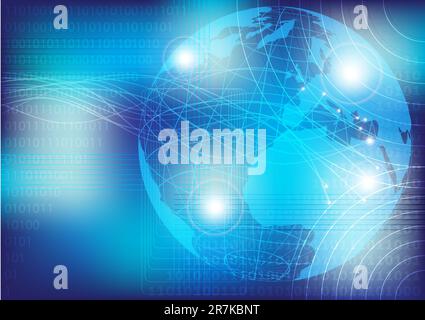 Abstract Background - Optical Fibers and Globe on Blue Background Stock Vector