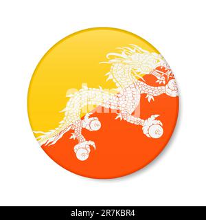 Bhutan circle button icon. Bhutanese round badge flag with shadow. 3D realistic vector illustration isolated on white. Stock Vector