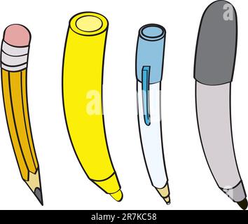 Four common writing or drawing instruments drawn in a cartoon style. Stock Vector