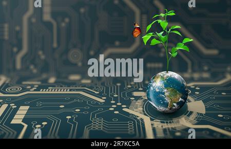 Tree growing on Earth with abstract blue background. Environmental Technology, Earth day, Energy saving, Environmentally friendly, csr, and IT ethics Stock Photo