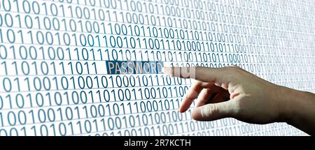Hand on Password. Password with binary code. Cyber security and Password Hacker concept. Stock Photo