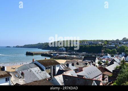 The rooftop view from Francis Road looking across to Saundersfoot beach and harbour. Stock Photo