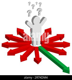 Man, Question Mark and Red and Green Arrows - Finding Right Way Stock Vector