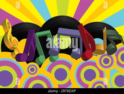 Retro Party Background - Notes and Vinyl Records on Multicolor Background Stock Vector