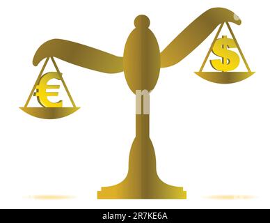 3d illustration of euro and dollar on balance over a white background Stock Vector
