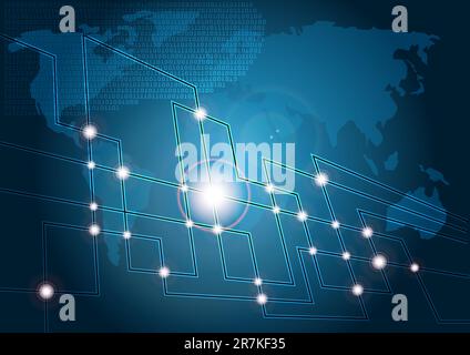 Blue Technology Background - Map of World and Glowing Optical Fibers Stock Vector