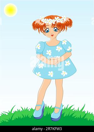 little girl in blue dress in a chaplet from camomiles Stock Vector