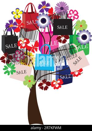 Vector illustration of a sale tree with shopping bags and bar-codes Stock Vector
