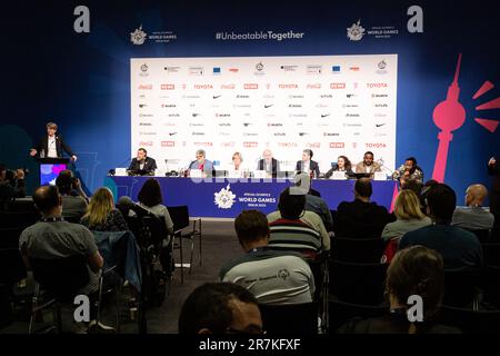 (L-R) Mark Solomeyer, Vice President and Athlete Spokesperson Special Olympics Germany; Timothy Shriver, Chairman Special Olympics International; Christiane Krajewski, President Special Olympics Germany; Kai Wegner, Governing Mayor of Berlin; Sven Albrecht, CEO of the Organizing Committee for the Special Olympics World Games 2023 Berlin; Renee Manfredi SO Athlete and Sargent Shriver International Global Messenger; and Madcon artists, authors of Berlin 2023 Games anthem attend the opening press conference in Messe Berlin conference centre, Germany on June 16, 2023. The Special Olympics Summer Stock Photo